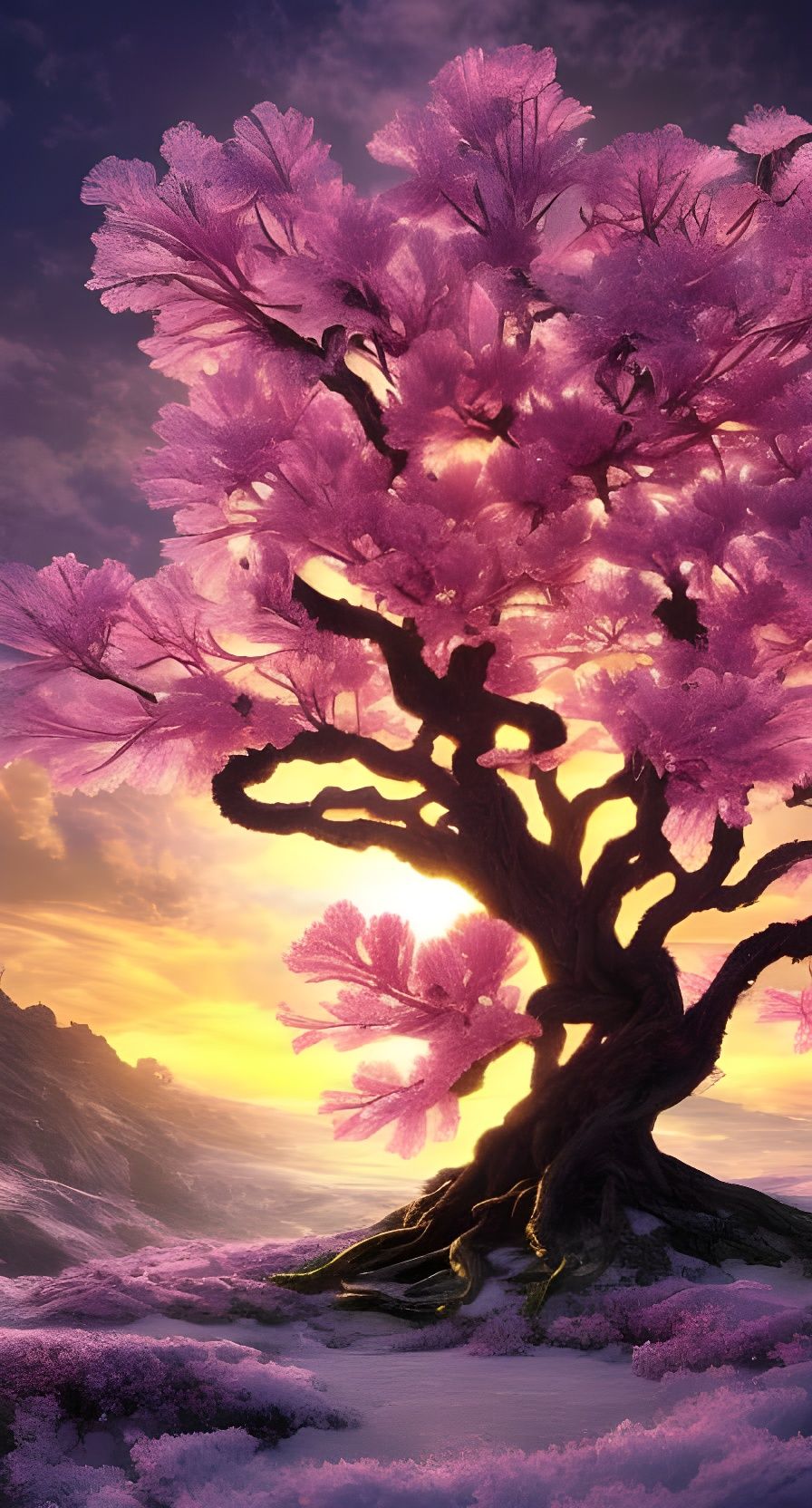 Colorful Ice Tree at Sunset: Digital Matte Painting