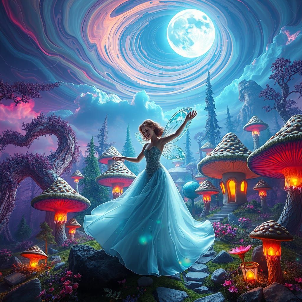 Psychedelic Fairy Forest with Mushroom Houses