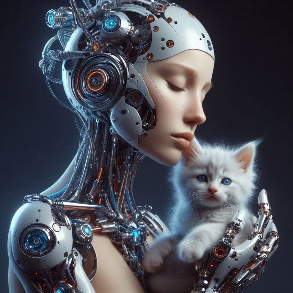 A cyborg girl with a kitten