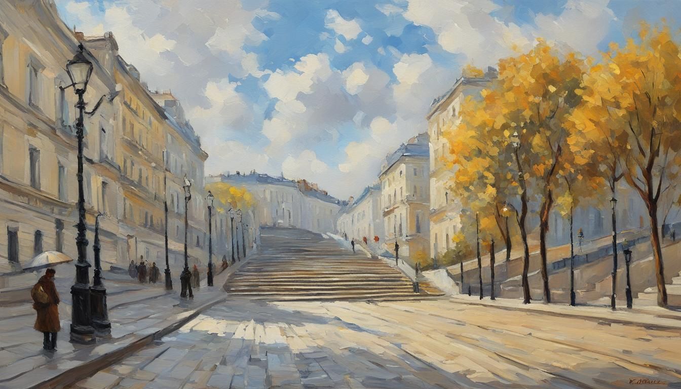 Impressionist Odessa Street Scene with Potemkin Stairs