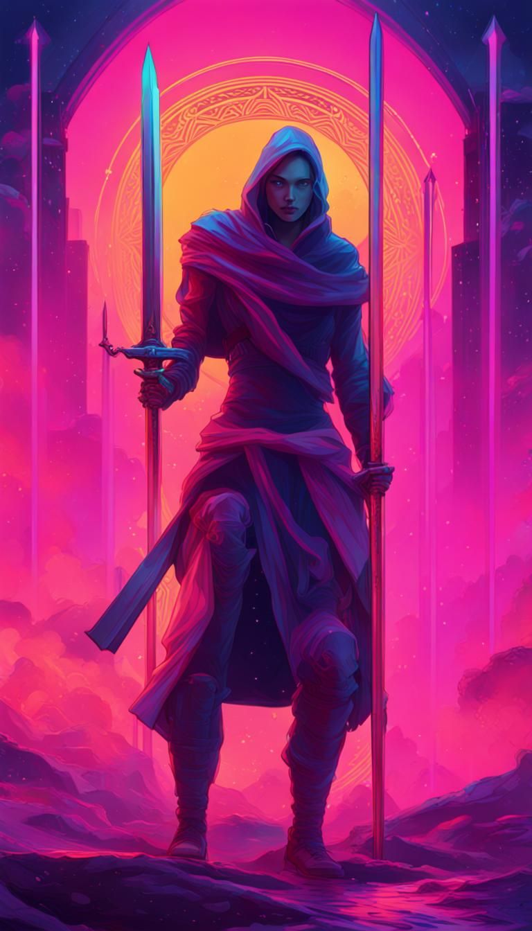 Stealthy Sword Theft in Synthwave Tarot Style