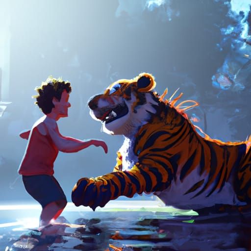Boy and Tiger Playing: Dynamic Art Illustration