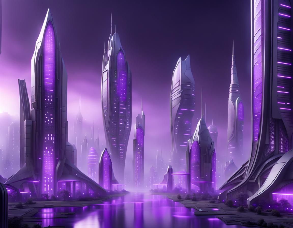 Futuristic Violet Metropolis with Metallic Skyscrapers