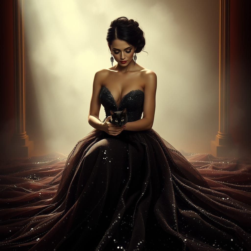 Sultry Femme Fatale with Midnight Cat