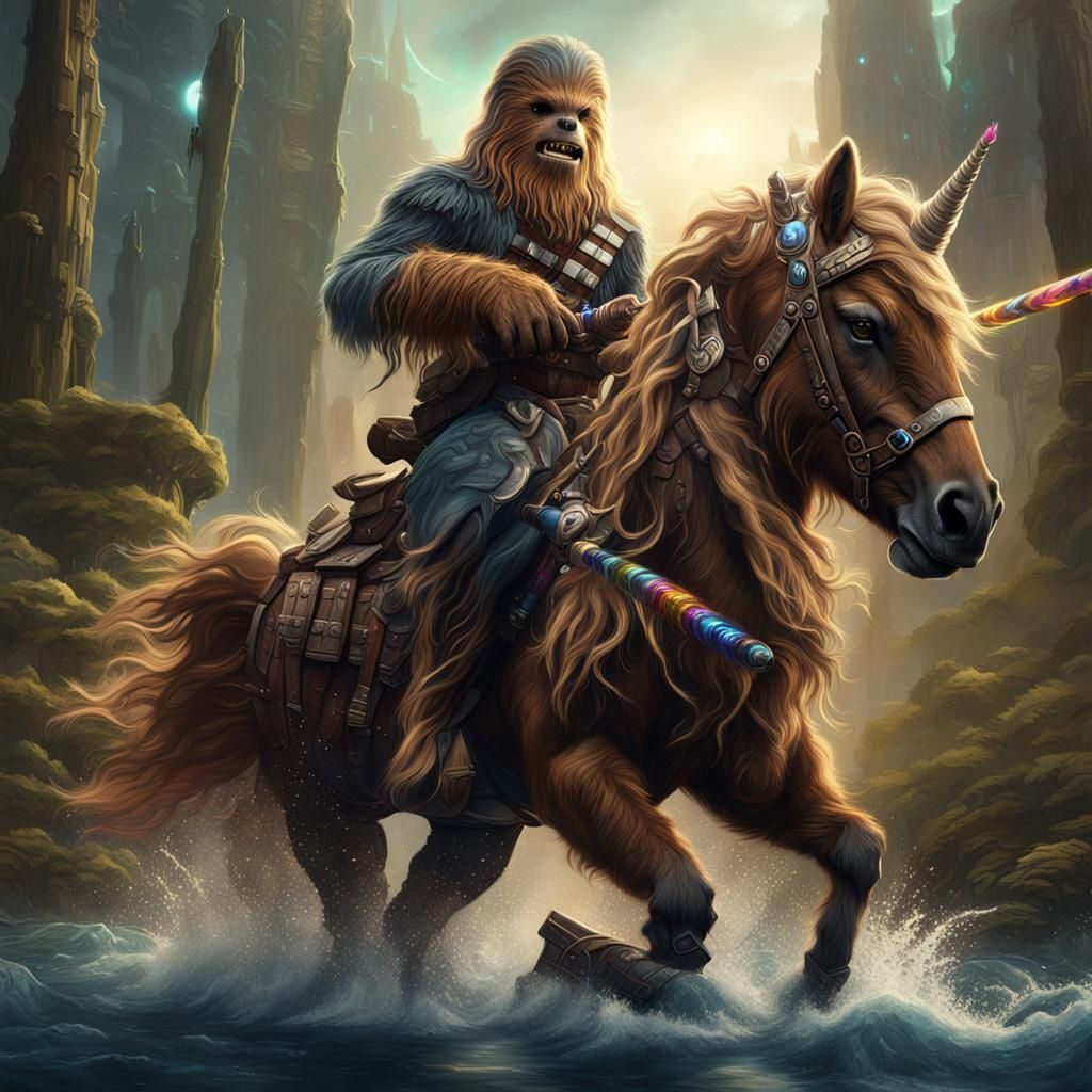 Chewbacca riding a unicorn