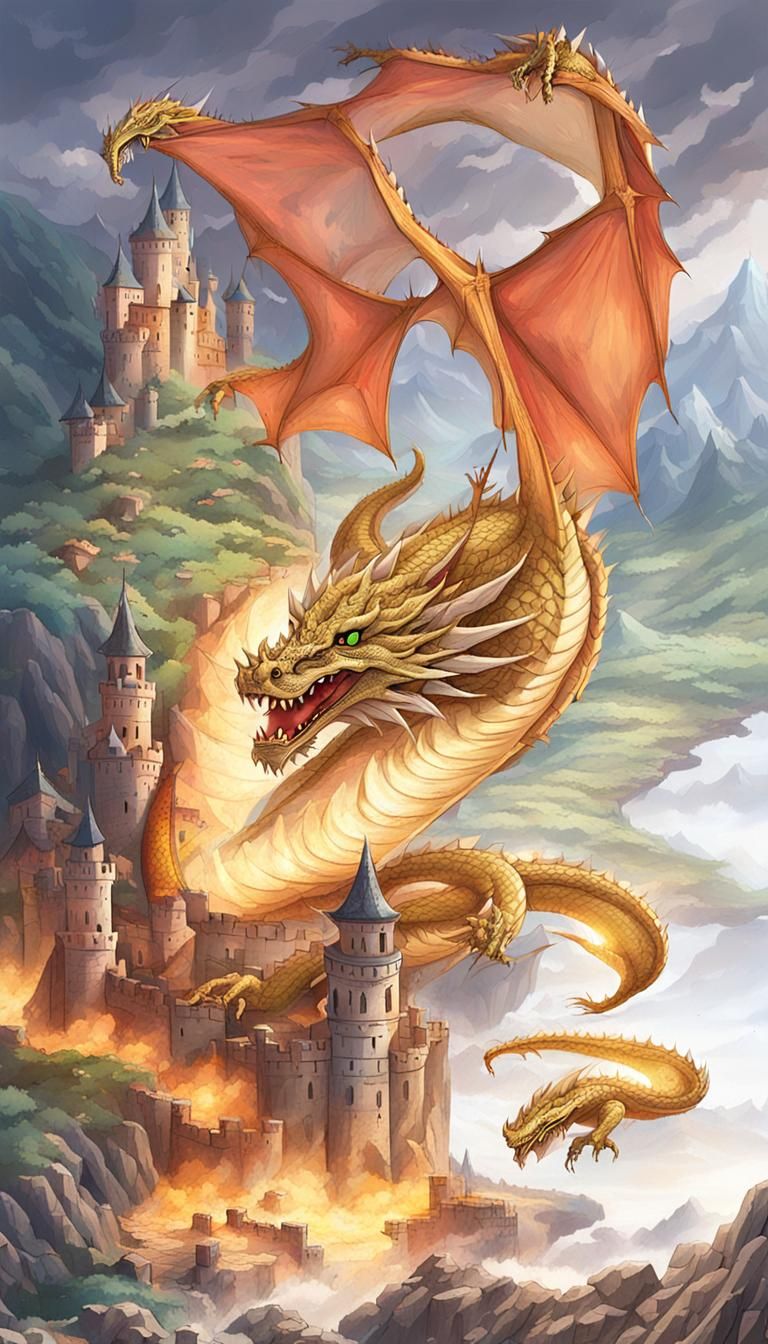 Dragon Rolling Over Kingdom: AI-Generated Fantasy
