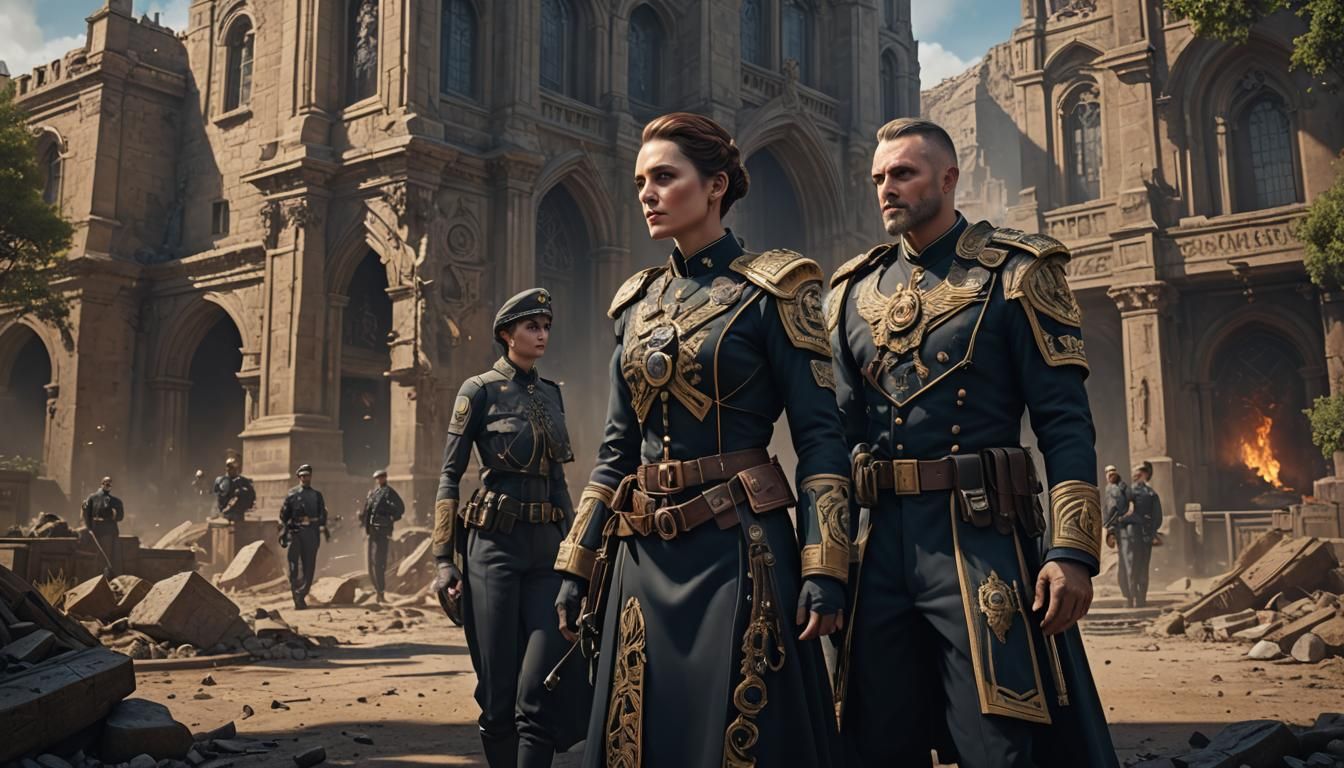 Elegant Chaplains in Cityscape: Detailed Matte Painting