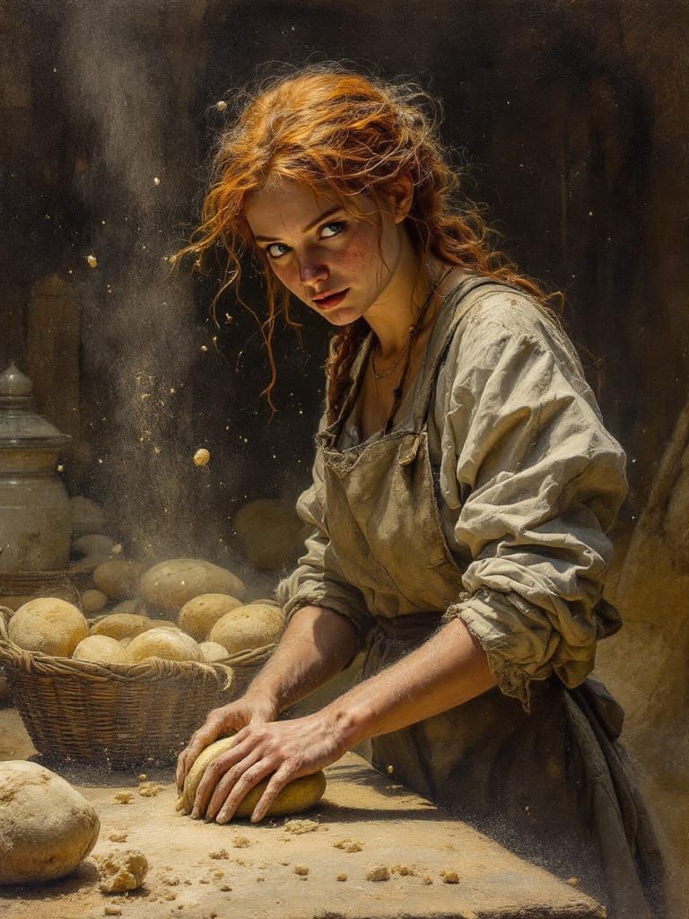Redhead Baker Kneading Dough in Rustic Kitchen
