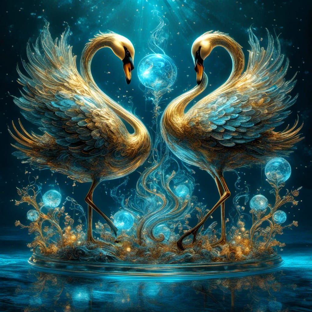 Glass Swans with Bioluminescent Orbs: Hyperrealistic Art
