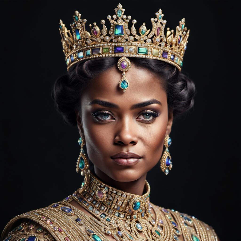 Elegant Queen in Gold Crown: 3D Digital Art