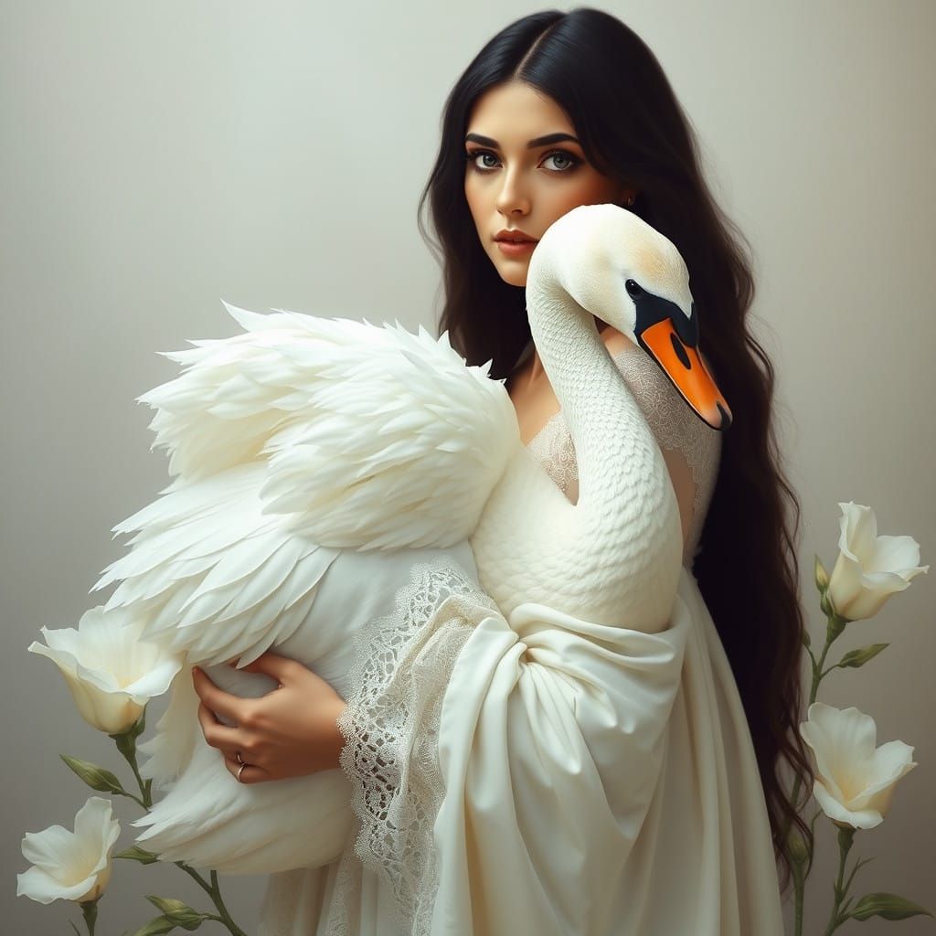 Ethereal Woman Surrounded by Blooming Flowers and Majestic S...