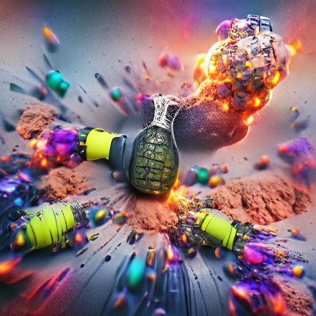 Hand Grenade Exploding into Colorful Shrapnel