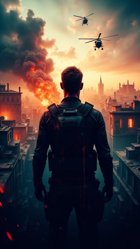 Epic Cityscape at Sunset in Gritty, High-Octane Style