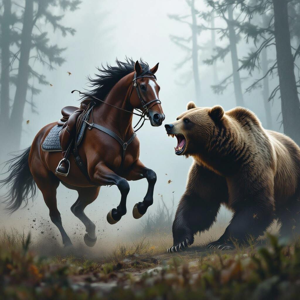 Horse and Bear Battle in Misty Forest, Digital Painting