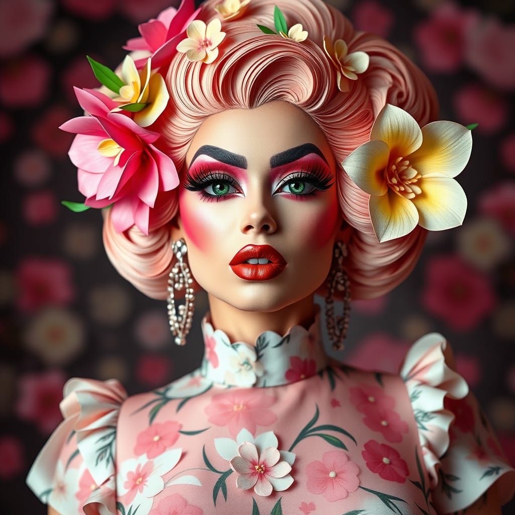 Vibrant Drag Queen with Blossom-Inspired Makeup and Origami ...