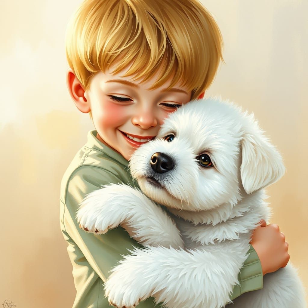 Tender Moment of Love Between Boy and Dog in Warm Light
