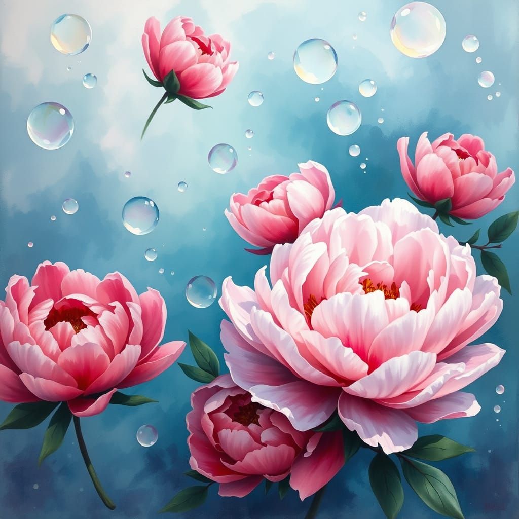 Pink Peonies in Raindrops, Watercolor Impressionism