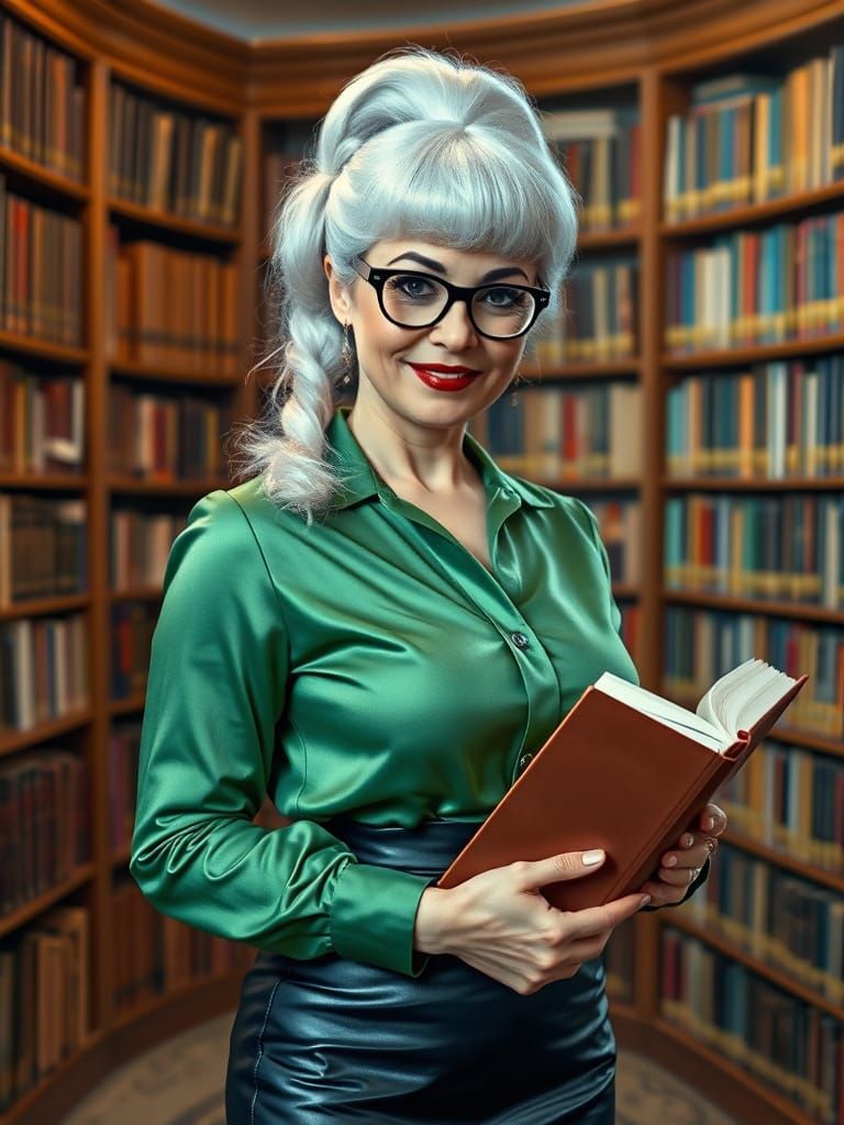 Psychedelic 50s Librarian in Green Silk Blouse
