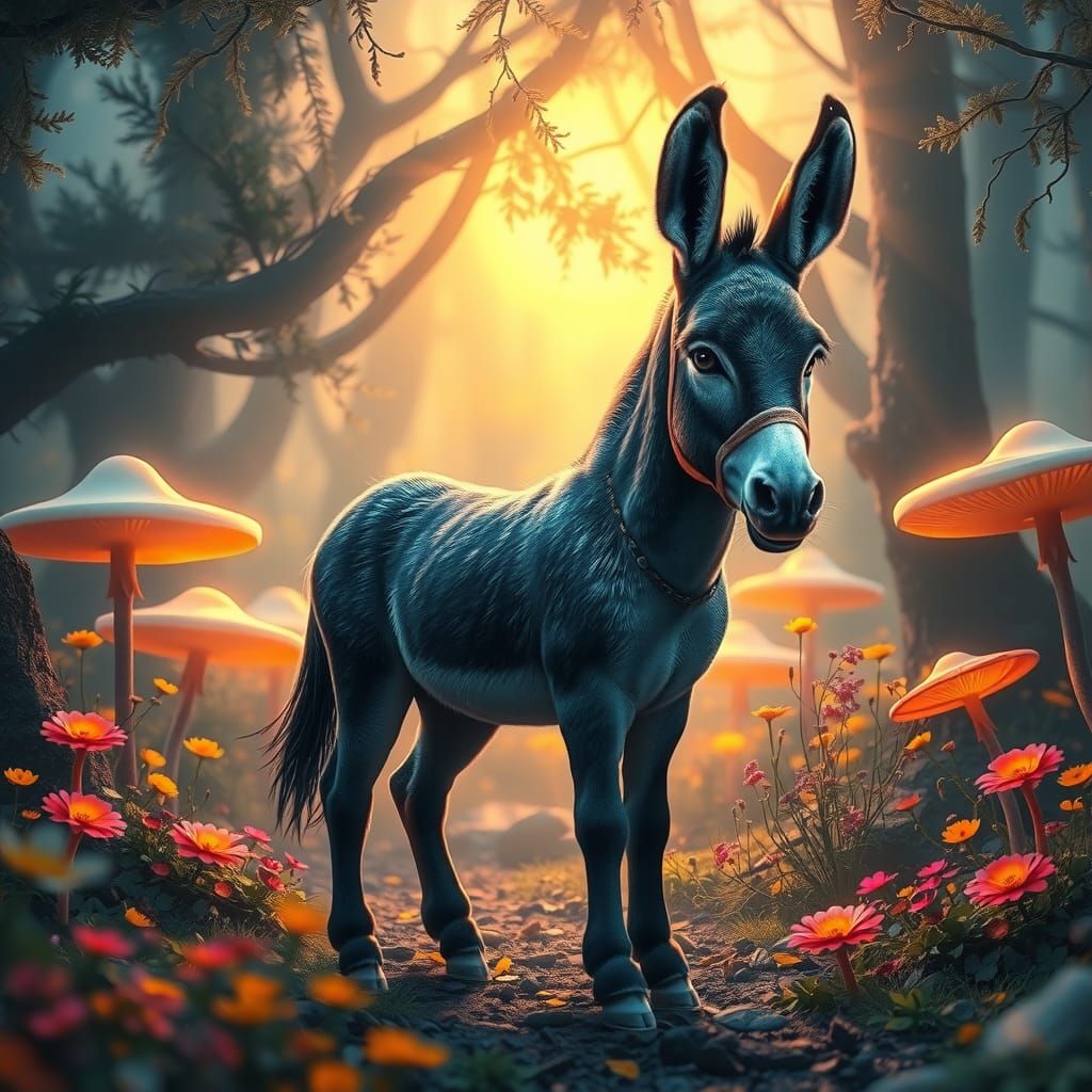 Heroic Donkey Foal in Mystical Forest, Matte Painting