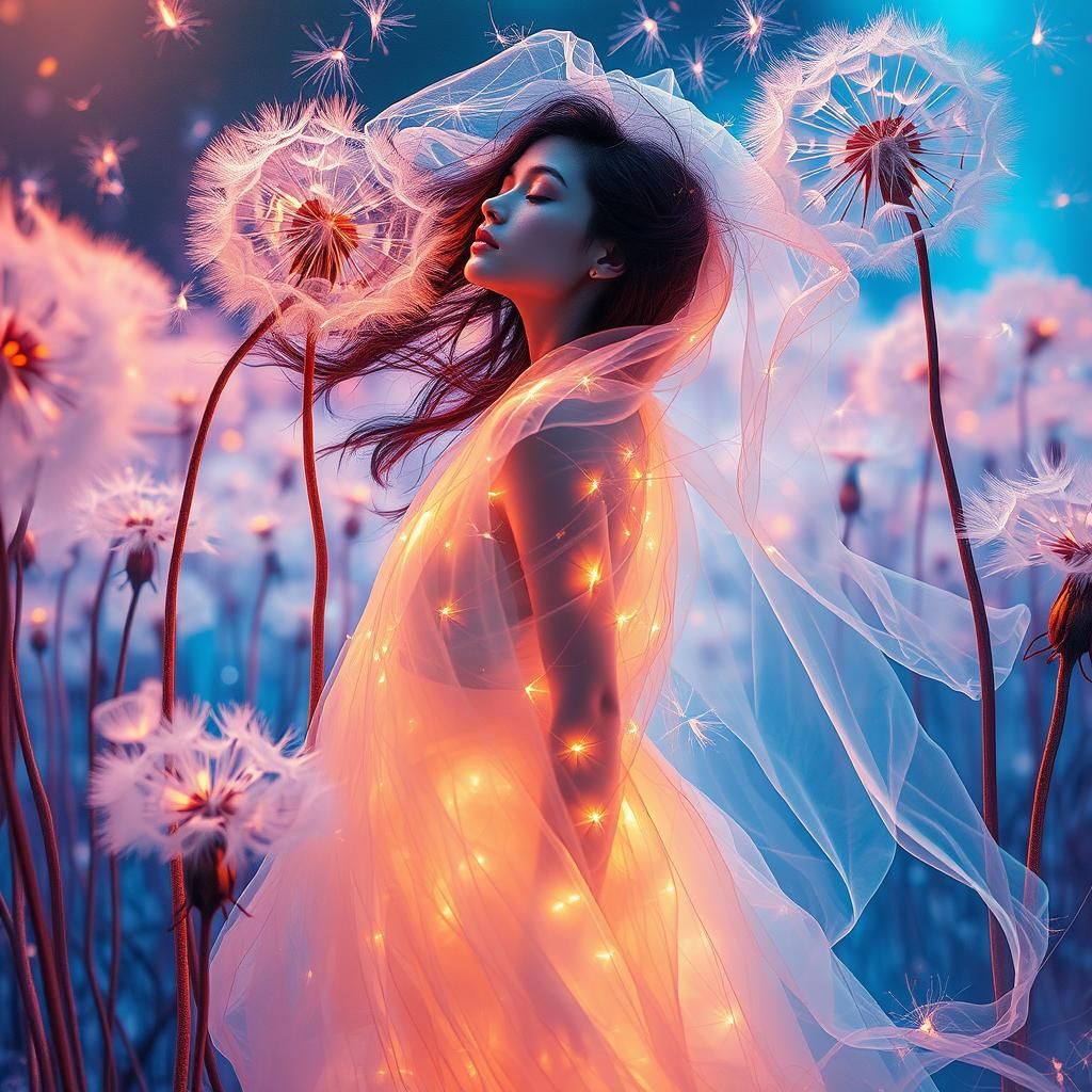 Ethereal Woman in Dandelion Dreamscape, Surreal Art