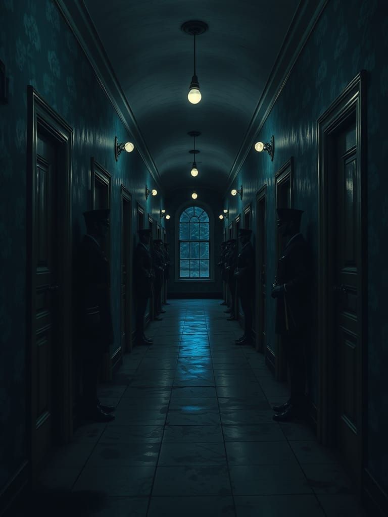 Guarded Doors in a Dark Historical Hallway