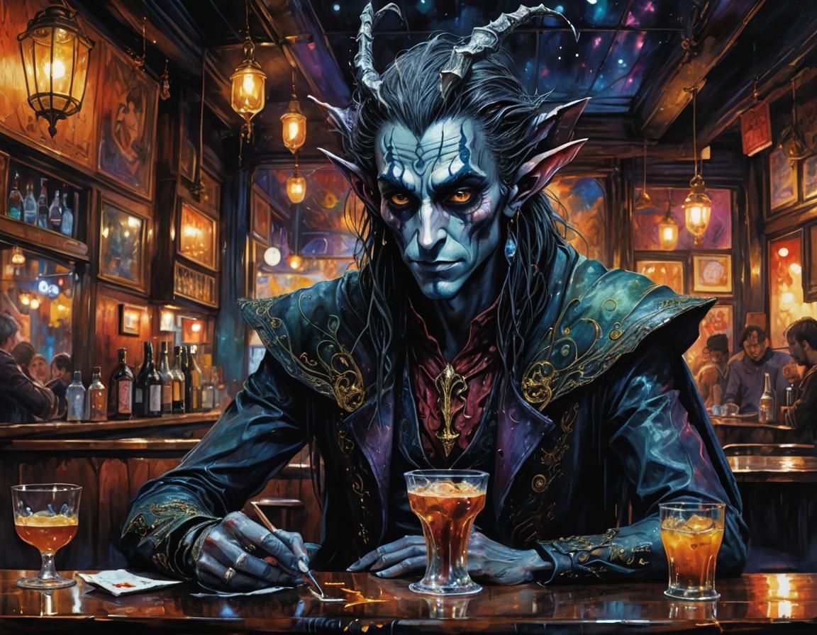 Dark Elf in a Night Cafe: Stylized Watercolor Art