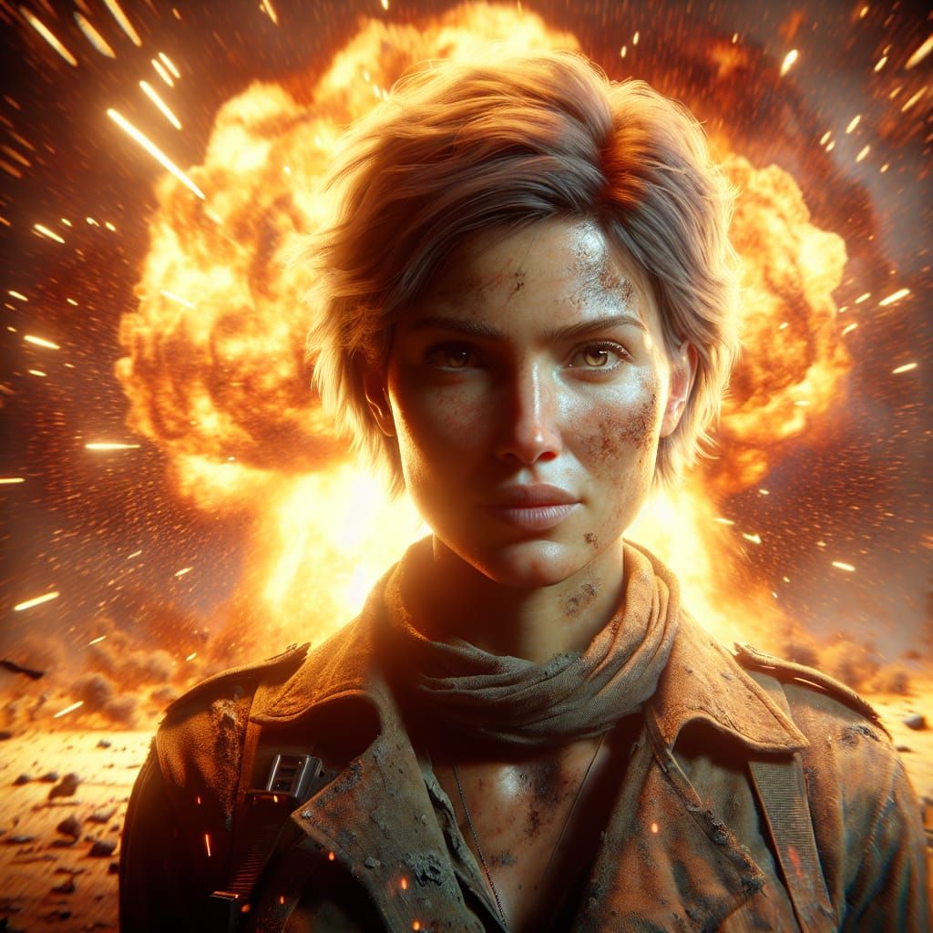 Resilient Woman Amidst Explosive Chaos in 3D Art