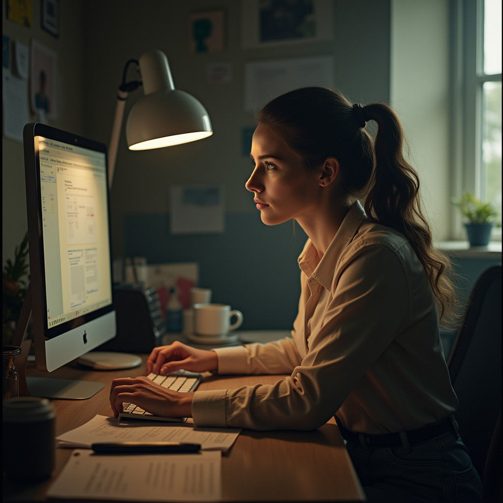 Woman Develops Social Media Projects: Cinematic Film Still