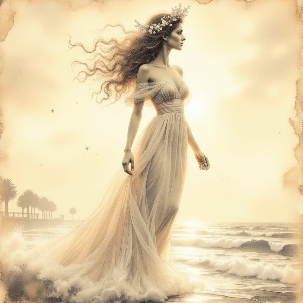 Romantic Pencil Drawing of Woman with Flower Crown