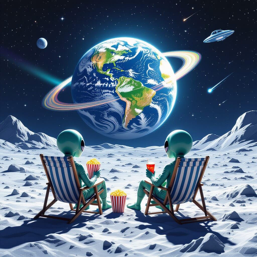 Aliens Watch Earth From Moon in Sci-Fi Surrealism