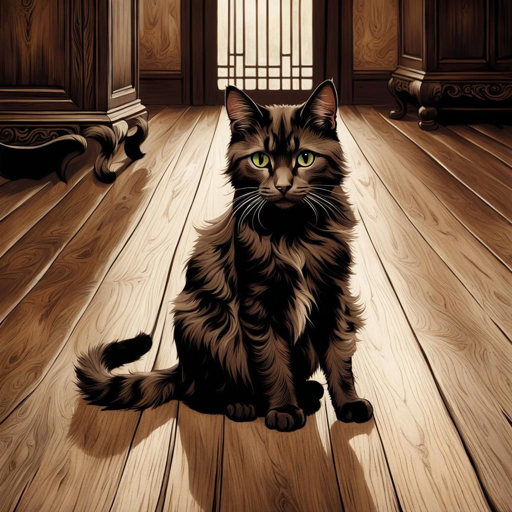 Two Cats on Wood Floor in Anime Style