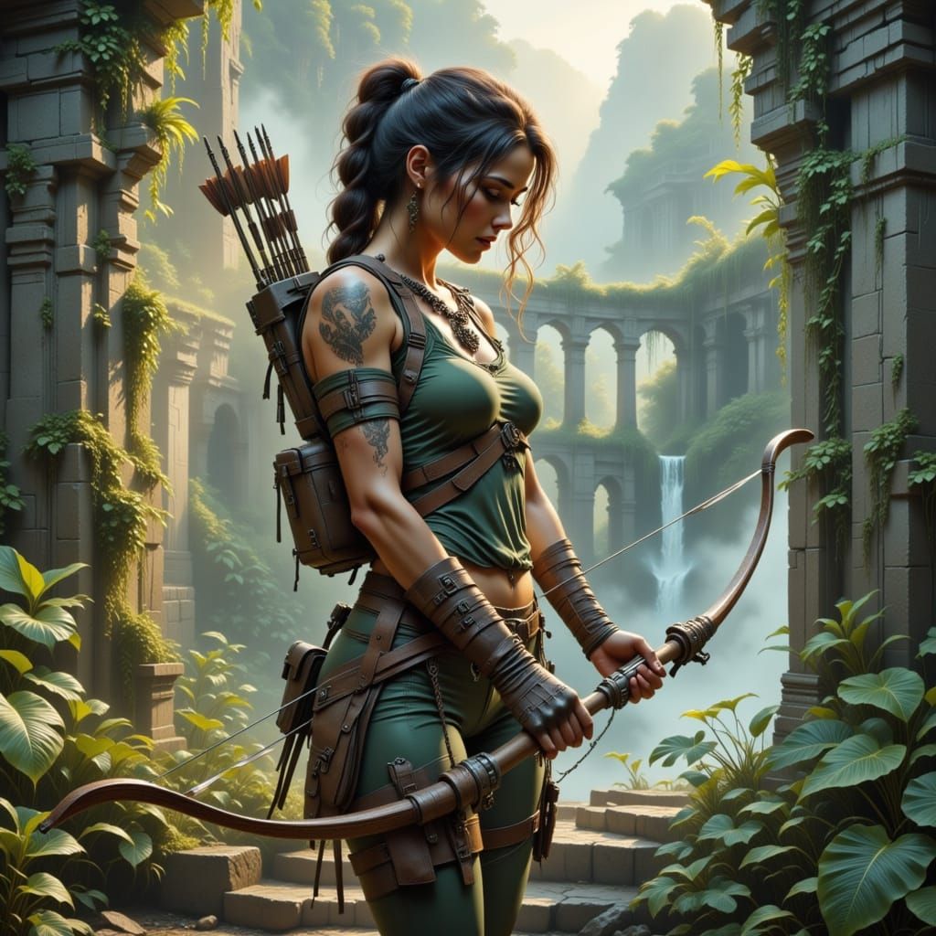 Female Adventurer Draws Bow in Ancient Jungle Temple