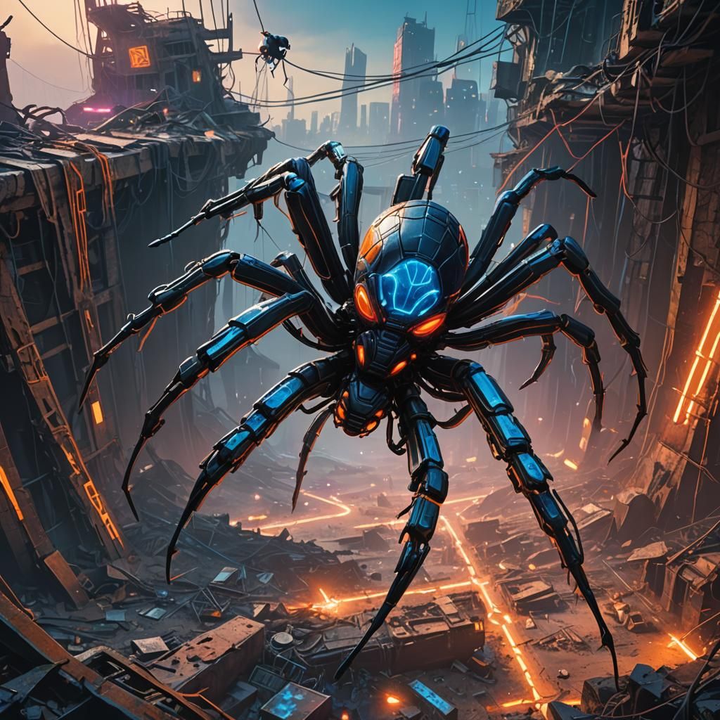 Cyberpunk Spider Skydiving in Post-Apocalyptic Wasteland