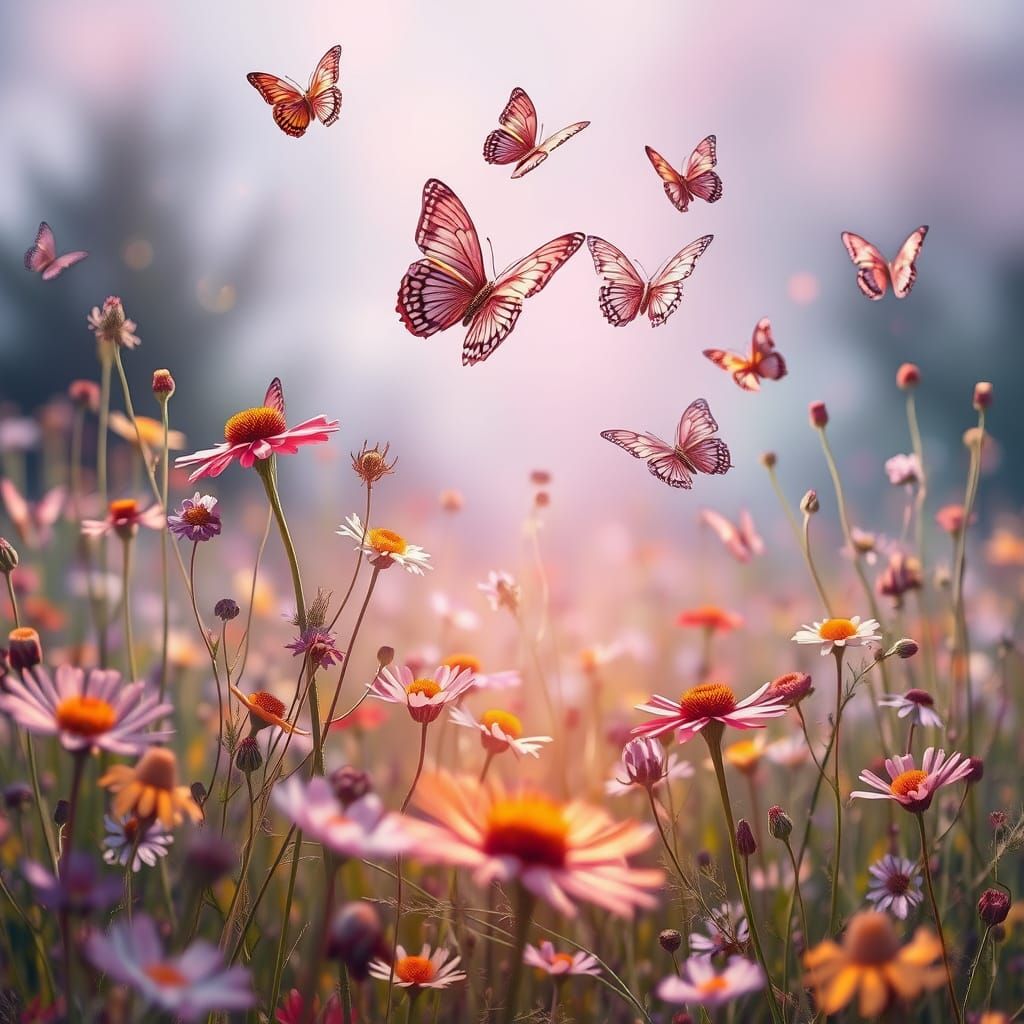 Ethereal Rose Gold Meadow with Iridescent Butterflies