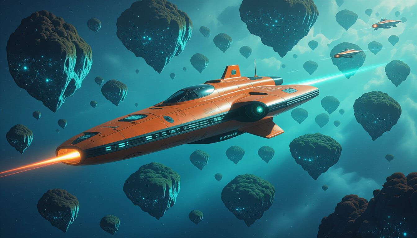 Sleek Futuristic Space Cruiser in Bioluminescent Asteroids