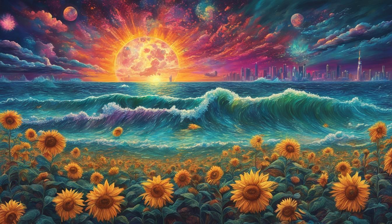 Moonlit Ocean Waves in Cyberpunk Surrealism