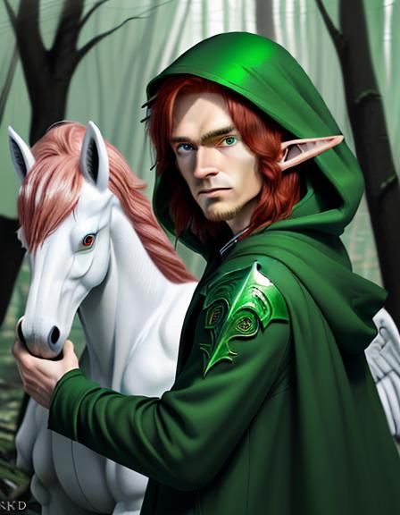 Elf Druid on Pegasus in Forest, Digital Art