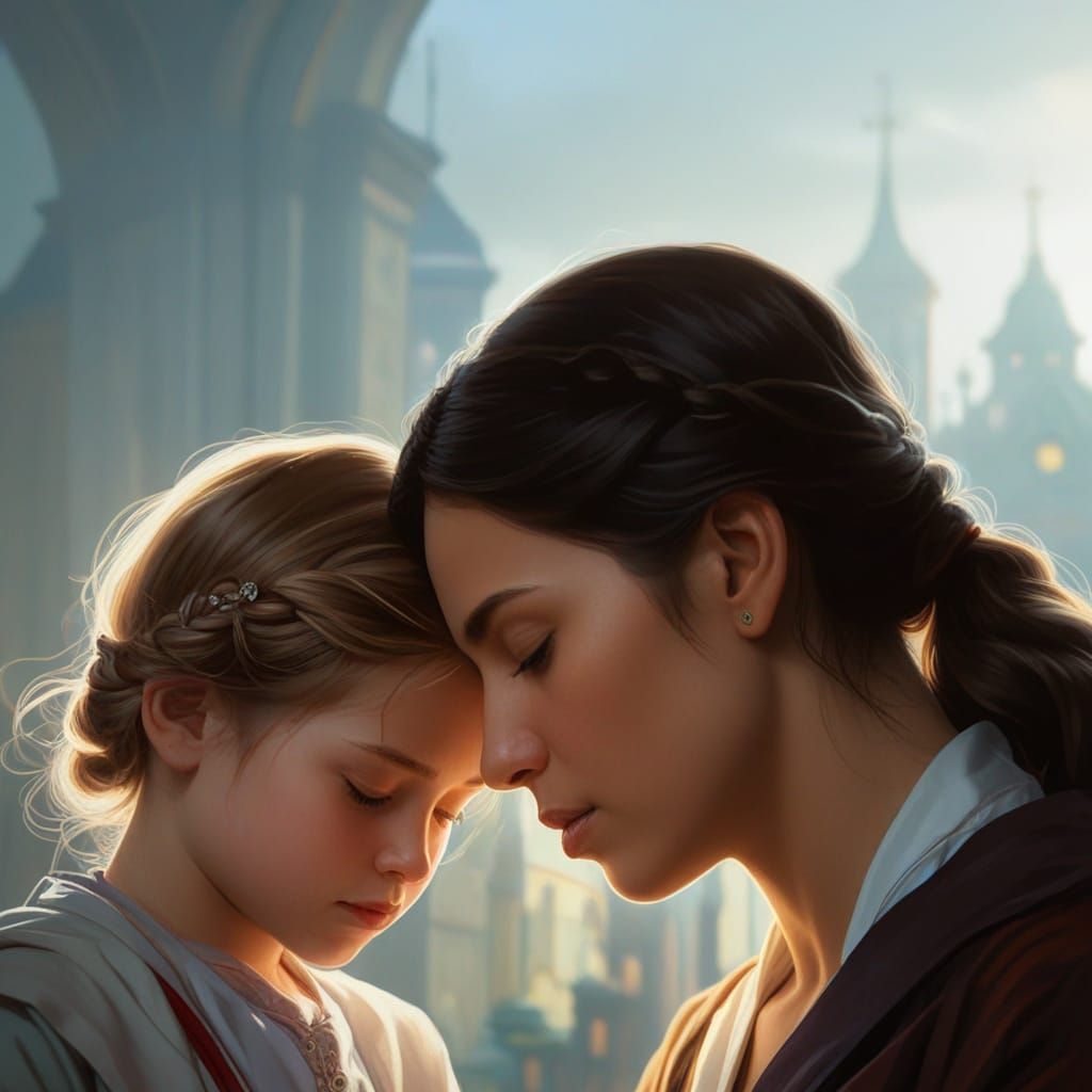 Ultrarealistic Mother and Daughter Prayer Portrait in Vibran...
