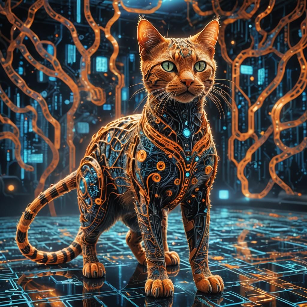 Orange Cyber Cat in the Matrix: Fantasy Artwork