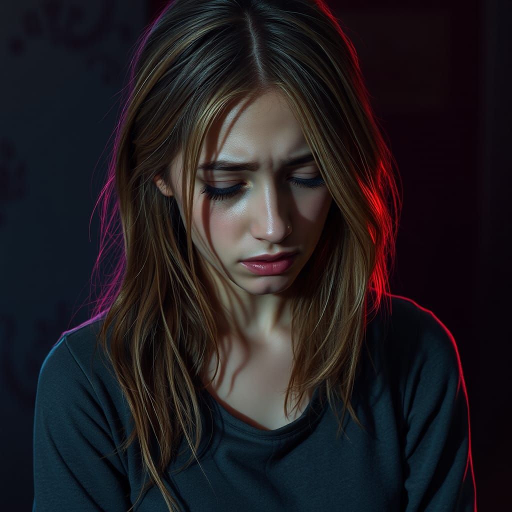 Sorrowful Woman in Dimly Lit Room: Digital Art