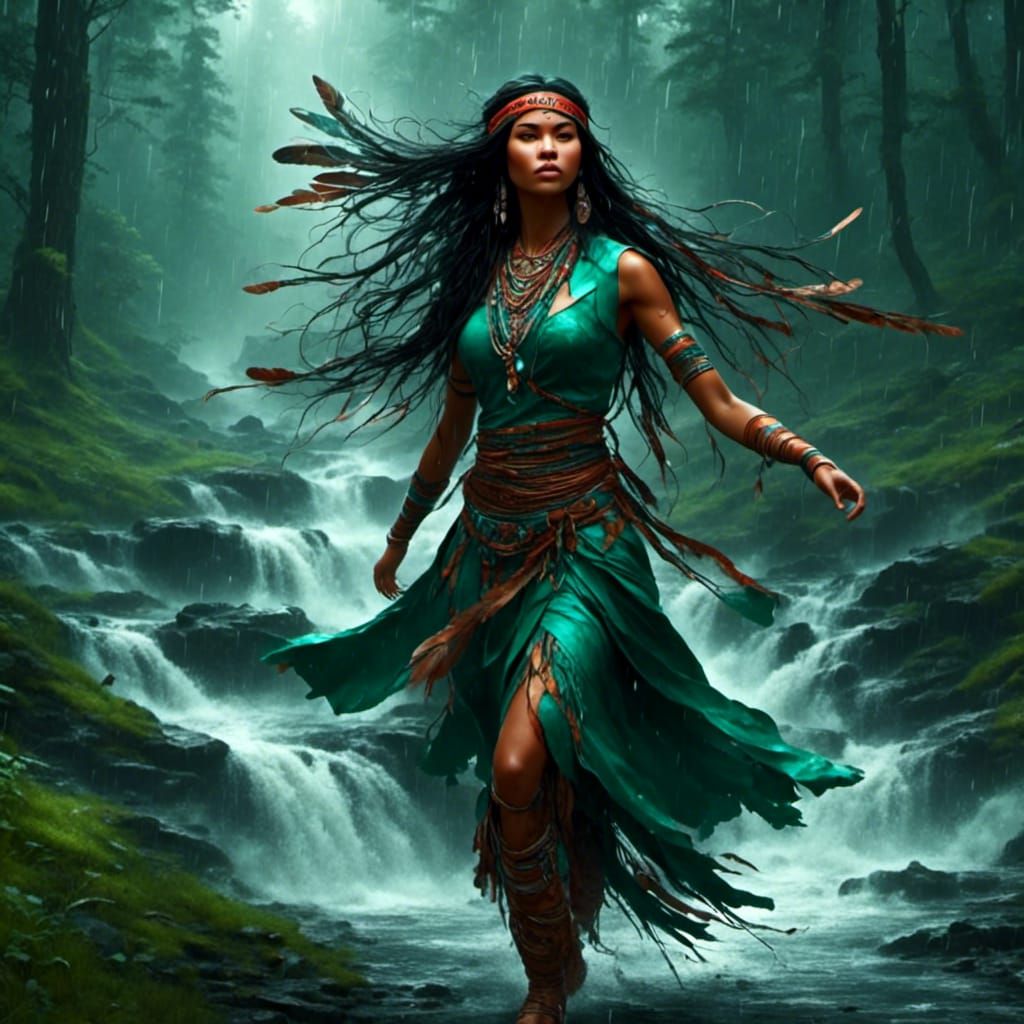 Native American Woman Dancing in Rainstorm, 3D Anime Art