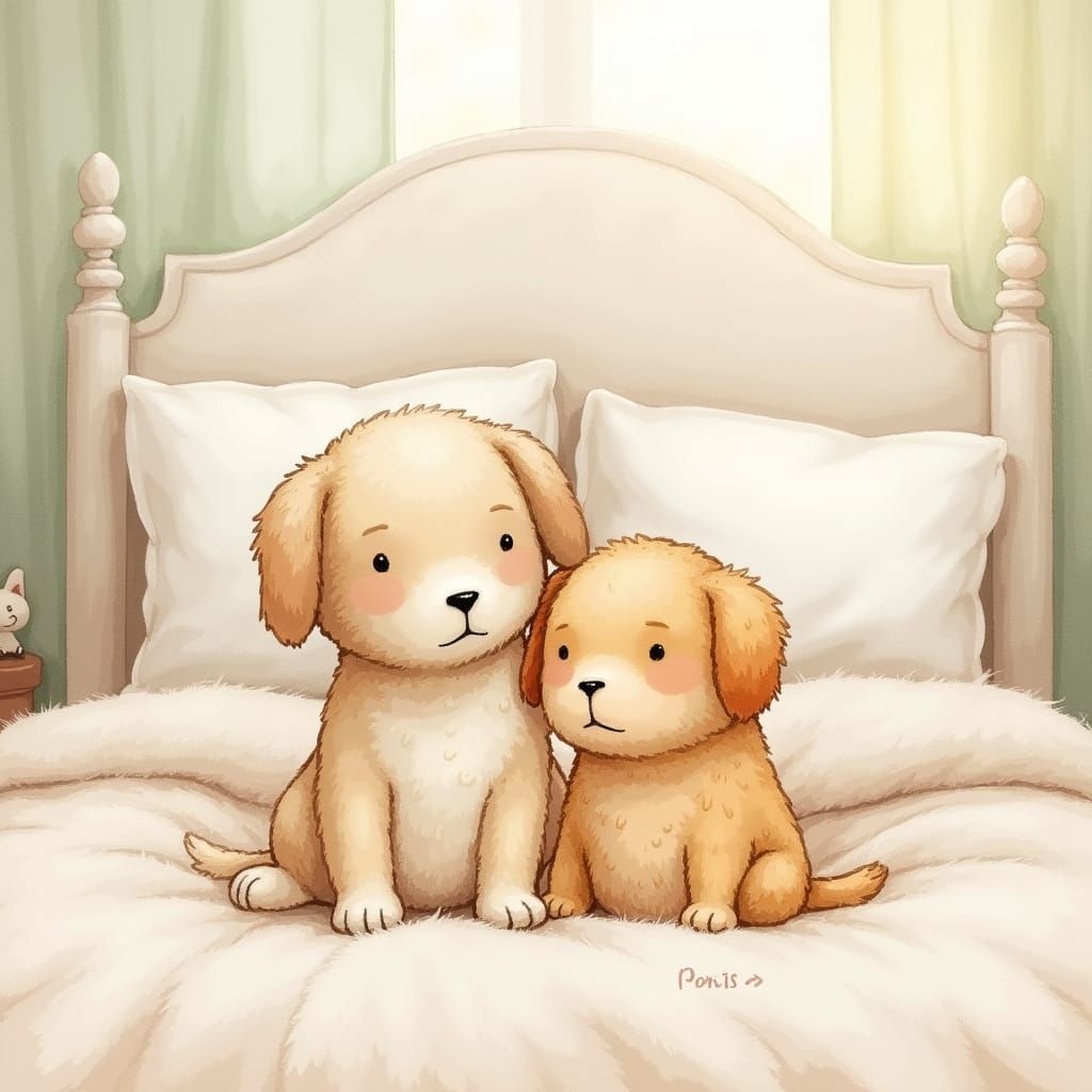 Whimsical Puppies and Kitties in Cozy Watercolor Setting