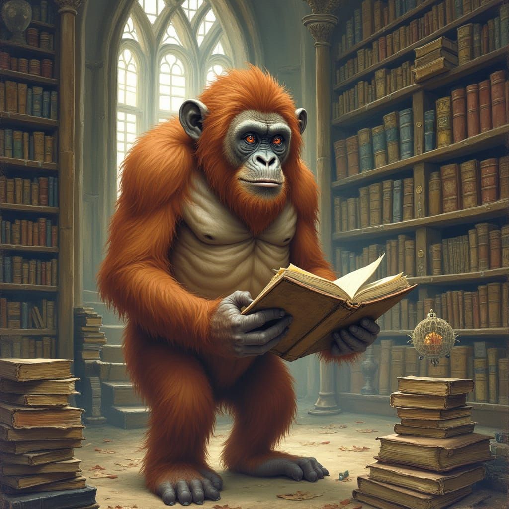 : A wise adult male orang utan standing in a library filled ...