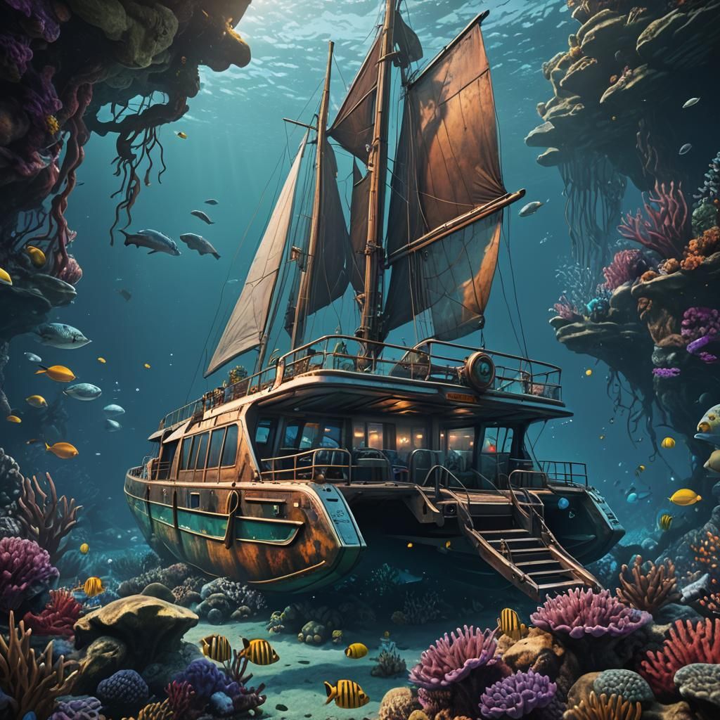 Underwater Catamaran in Detailed Matte Painting