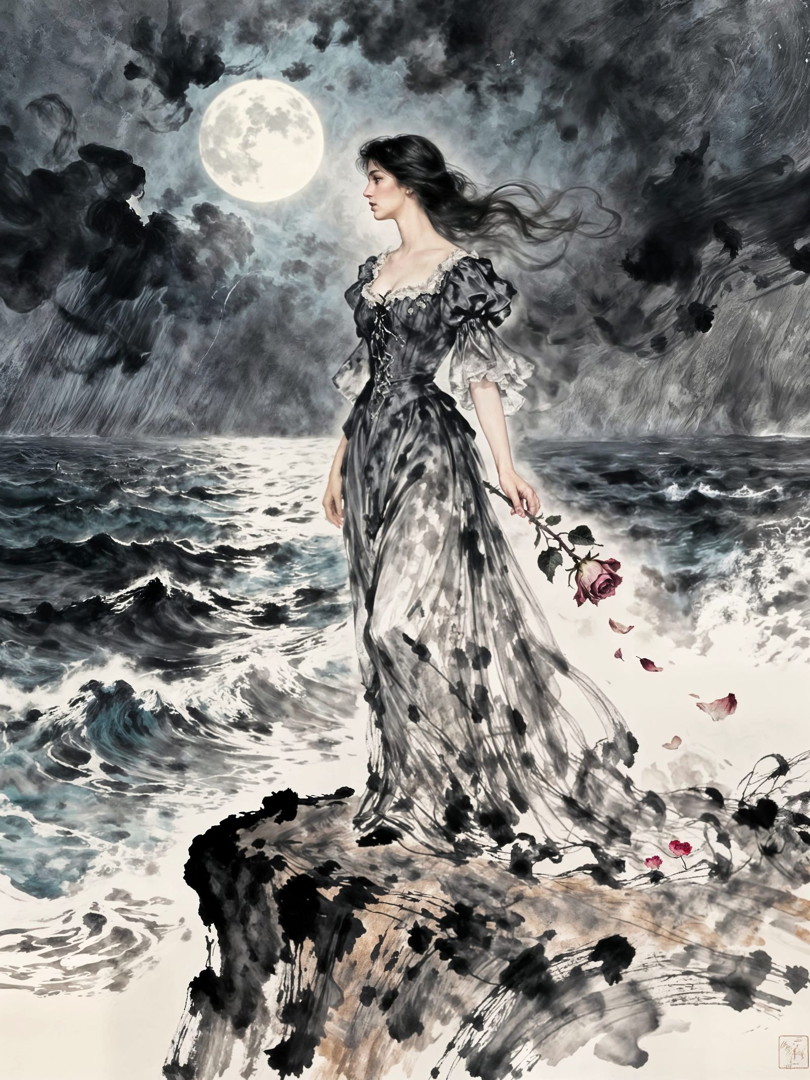 Melancholic Woman Overlooks Stormy Sea in Ink Wash Style