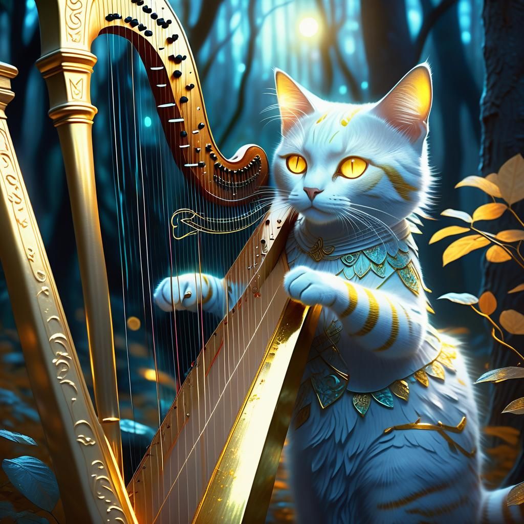 Enchanting Female Cat Musician in Whimsical Fantasy Landscap...
