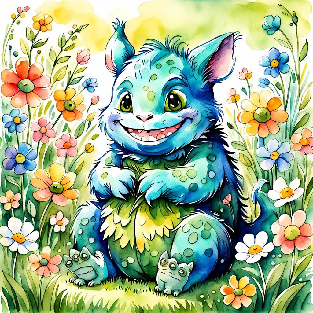 Kind Monster in Watercolor Folk Art Style