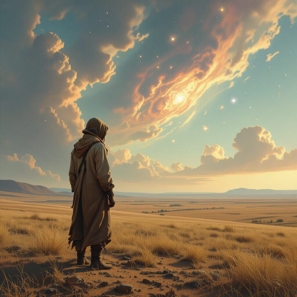 Hyperrealistic Farmer Gazing at Nebula Sky