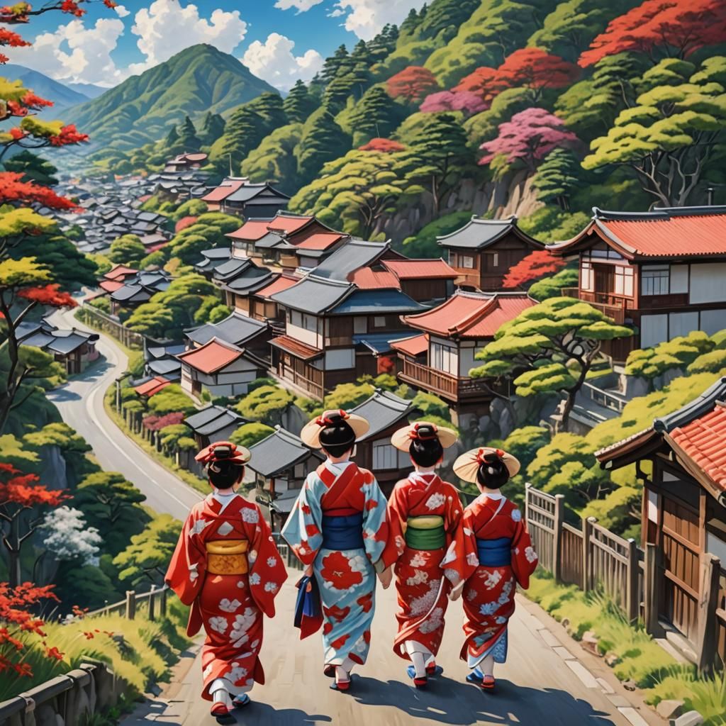 Japanese Village Scene with Geishas in Kimonos