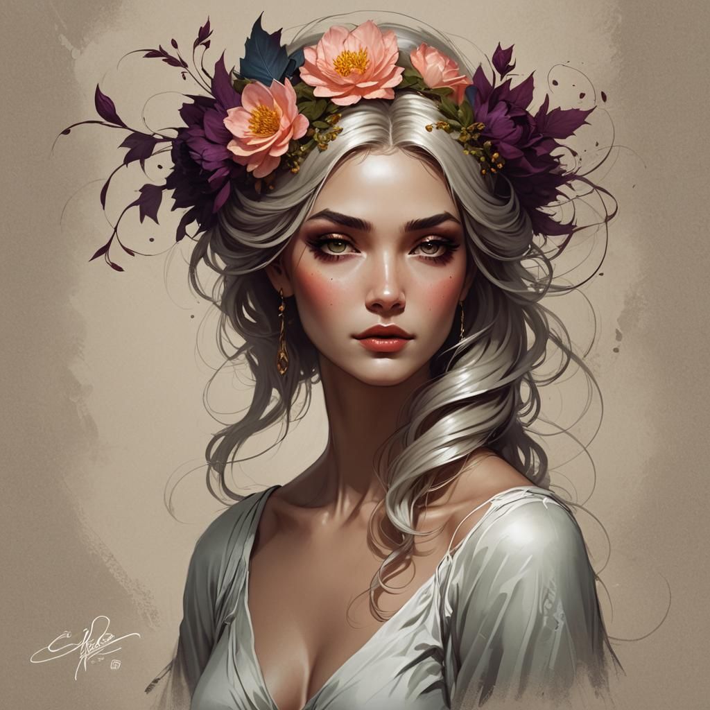 Capture a young woman with a flower in her hair, rich deep colors...